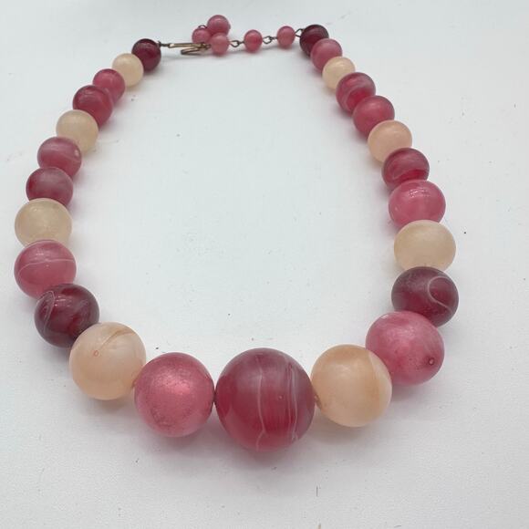 Vtg Agate Pink natural Necklace cream fusha pink 16" adjustable Stone 50s 60s 70 - Picture 1 of 16